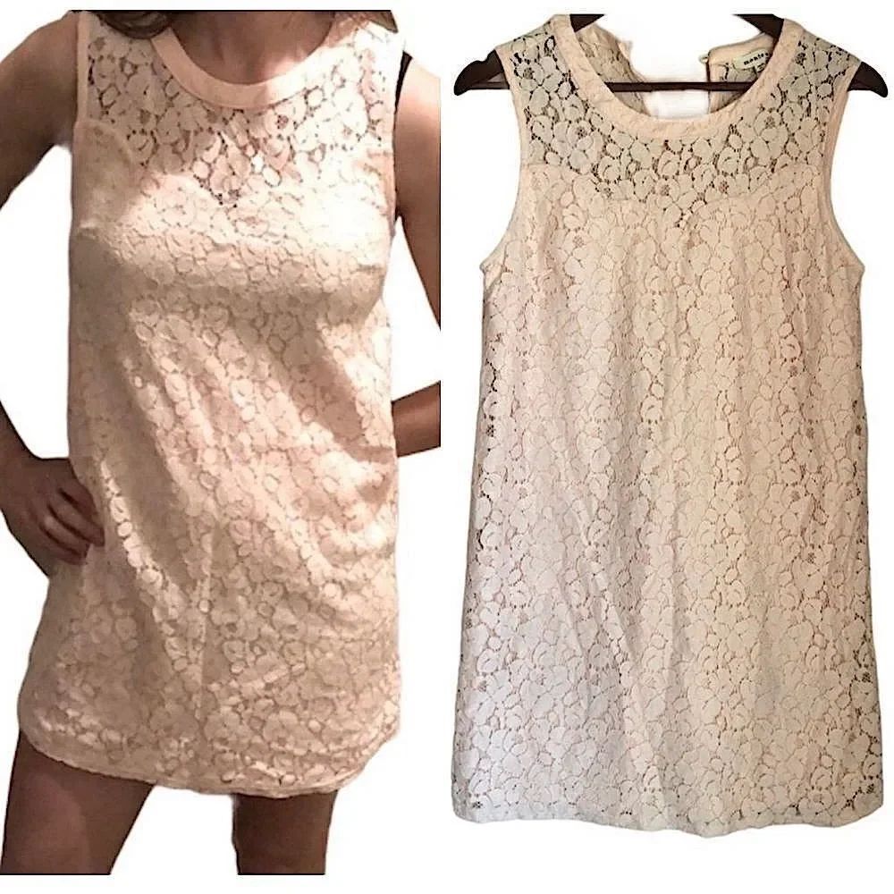 Monteau blush light pink lace sheath sleeveless crew neck mini dress-medium